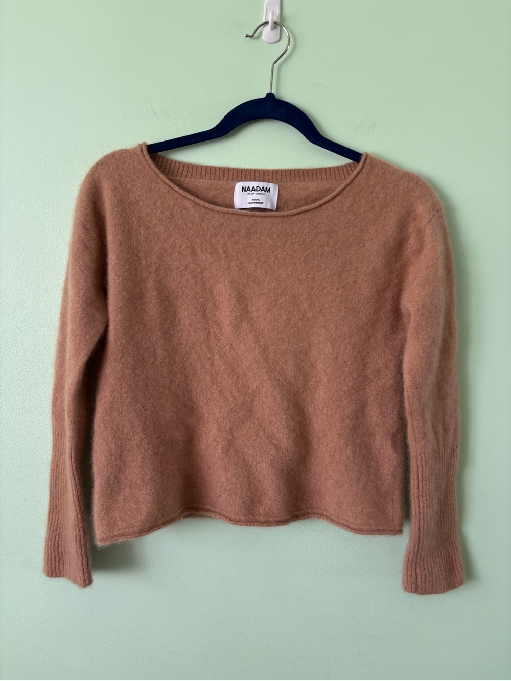 NAADAM Lightweight 100% Cashmere Boatneck Sweater Camel Tan Ribbed Cuffs